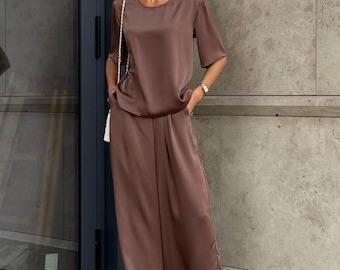 Silk Top and Wide Leg Pants Set for Women, Half Sleeve Silk Blouse, Loose Fit Silk Palazzo Trousers – Casual Loungewear