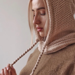 Knitted Balaclava, Winter Hats for Women, Warm Mohair Wool Hooded Scarf, Knit Snood Hood with Adjustable Drawstring, Cold Weather Gift