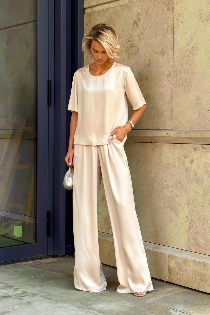 Silk Top and Wide Leg Pants Set for Women, Half Sleeve Silk Blouse  display picture 1