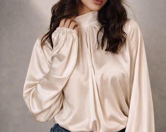 Silk Puff Sleeves Blouse, Elegant Silk Blouse, High Collared Blouse, Long Sleeves Blouse, Silk Sleeve Shirt Tops, Silk Tops for Women