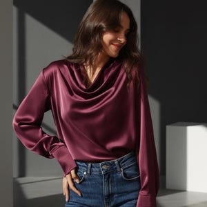Elegant Silk Blouse, Cowl Neck Blouse, Long Sleeves Silk Top Shirt, Satin Emerald Blouse, Formal Blouse, Office Silk Blouse, Womens Shirt