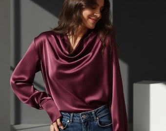 Elegant Silk Blouse, Cowl Neck Blouse, Long Sleeves Silk Top Shirt, Satin Emerald Blouse, Formal Blouse, Office Silk Blouse, Womens Shirt