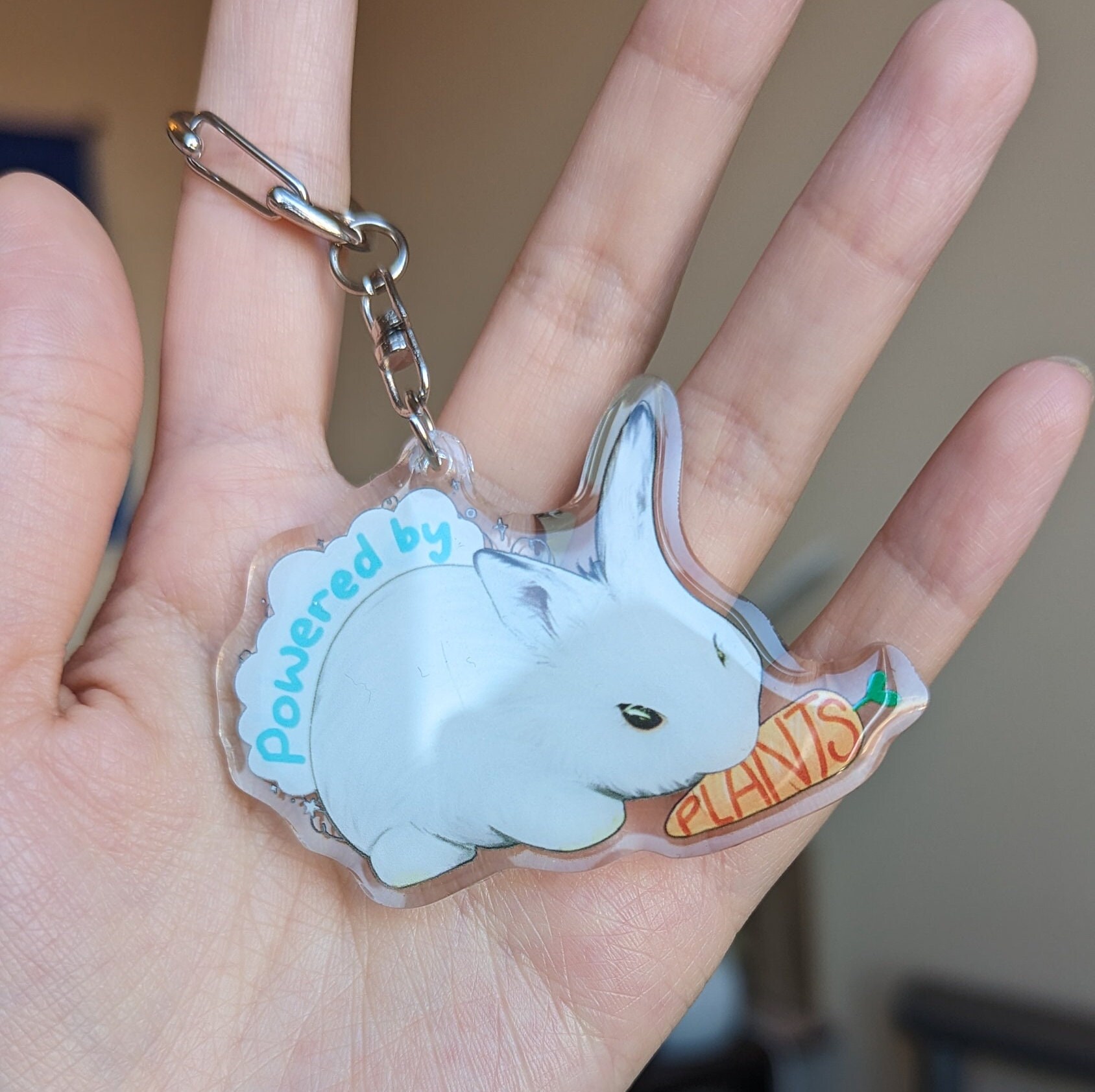 Powered by plants bunny keychains! | acrylic charm | decorative keychain| animal keychain| cute keychains| veganism keychain (EU allowed)
