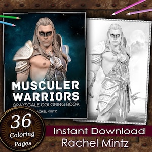 Rachel Mintz, 36 Muscular Warriors, Fantasy Bodybuilder Men, Male Fighters in Grayscale Art Coloring Book, Download Printable PDF Pages