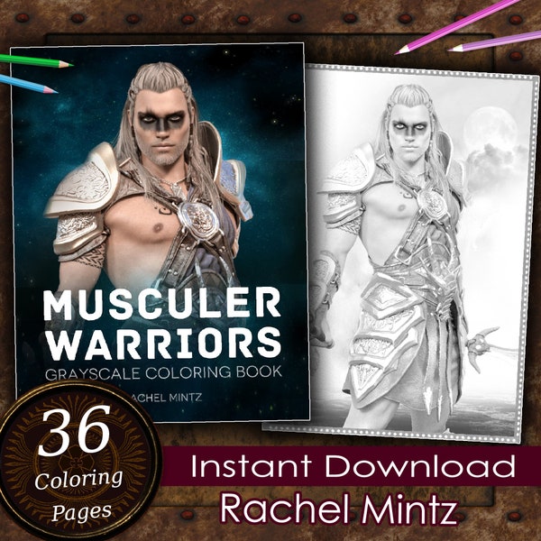 Rachel Mintz, 36 Muscular Warriors, Fantasy Bodybuilder Men, Male Fighters in Grayscale Art Coloring Book, Download Printable PDF Pages