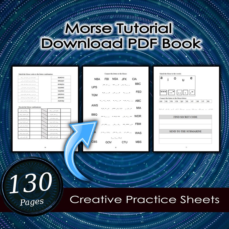Puede incluir: Un libro PDF digital titulado "Morse Tutorial" con "Hojas de pr&aacute;ctica creativa". La portada muestra p&aacute;ginas de pr&aacute;ctica con ejemplos y ejercicios de c&oacute;digo Morse. El libro tiene 130 p&aacute;ginas y est&aacute; dise&ntilde;ado para aprender y practicar el c&oacute;digo Morse.