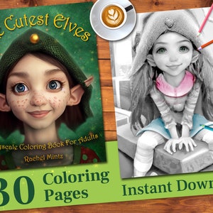 30 Pages of Cute Elves, Fantasy Grayscale Elf Portraits, Beautiful Christmas Scenes, Printable Digital PDF Colouring Sheets for Adults
