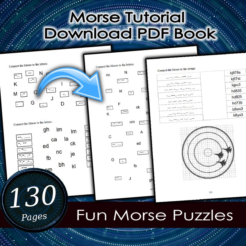 Puede incluir: Un libro PDF digital titulado "Morse Tutorial Download PDF Book" con 130 p&aacute;ginas de divertidos rompecabezas de c&oacute;digo Morse. La imagen muestra p&aacute;ginas con ejercicios de c&oacute;digo Morse y un gr&aacute;fico de pr&aacute;ctica de tiro.