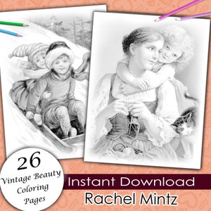 Vintage Beauty 26 Coloring Pages, Beautiful Retro Style Postcards, Grayscale Art to Color, Print at Home PDF Digital Instant Download,