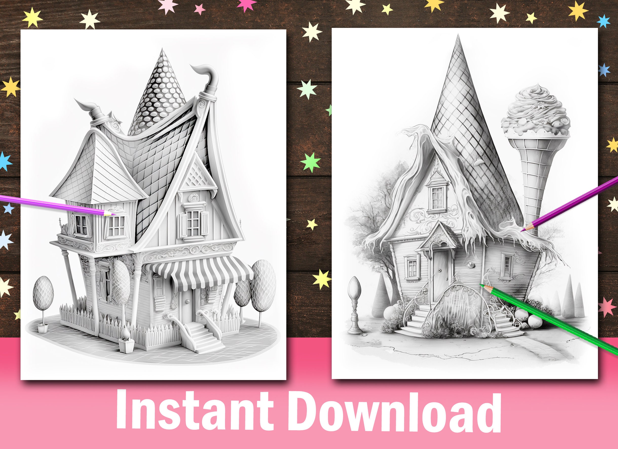 40 Adorable Icecream Houses Coloring Pages, Cute Tiny Fantasy Candy