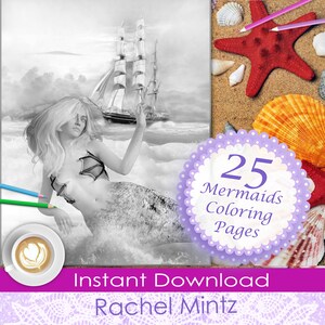 May include: A black and white colouring book cover featuring a mermaid with long flowing hair, a ship in the distance, and the text "25 Mermaids Colouring Pages".