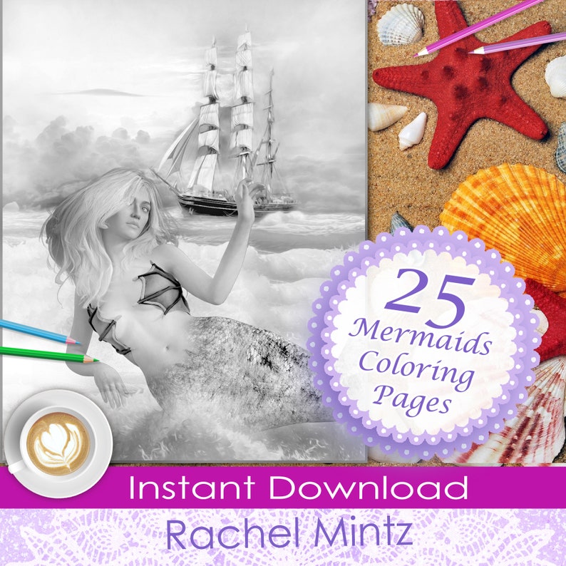May include: A black and white colouring book cover featuring a mermaid with long flowing hair, a ship in the distance, and the text "25 Mermaids Colouring Pages".