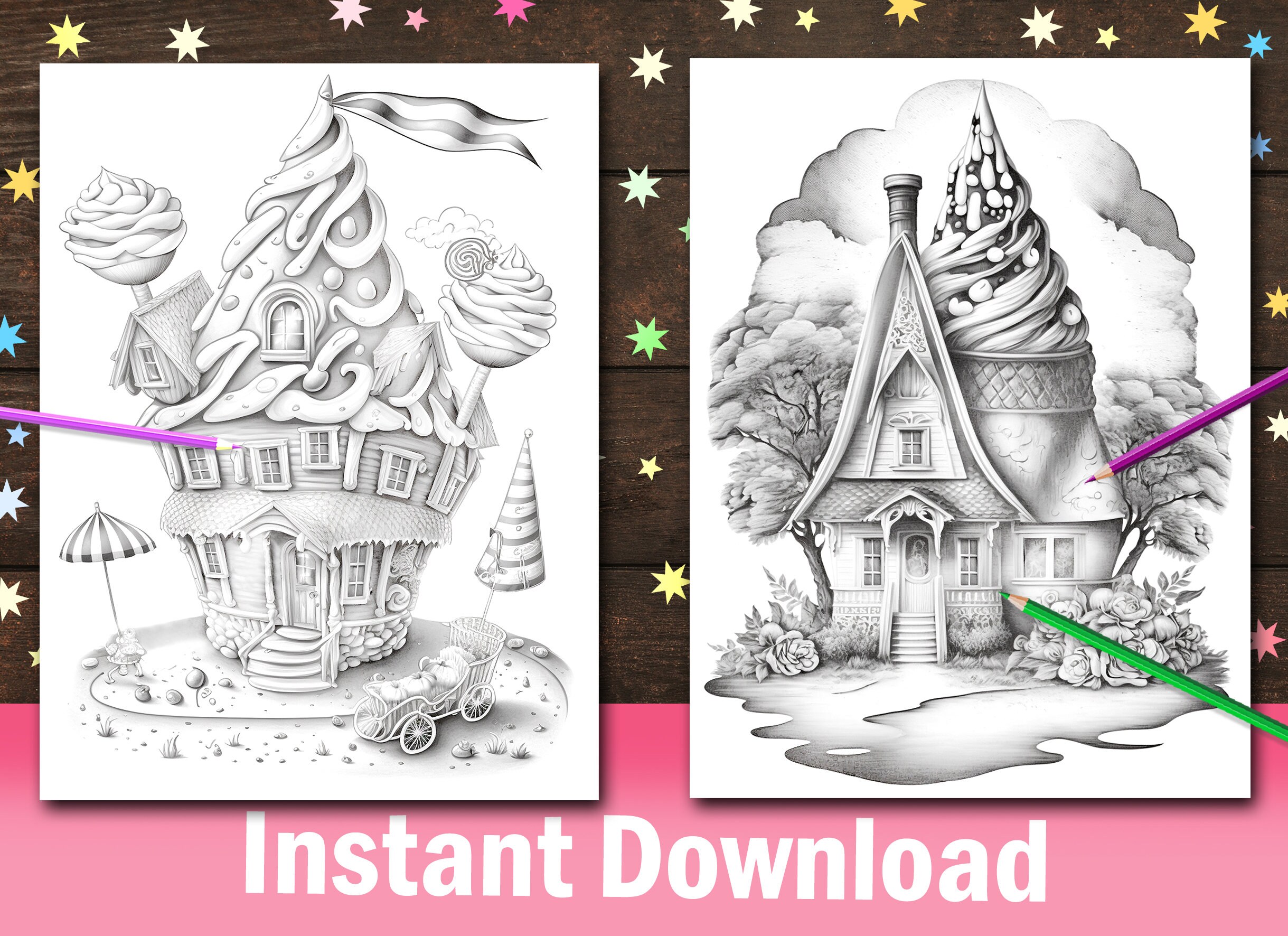 40 Adorable Icecream Houses Coloring Pages, Cute Tiny Fantasy Candy