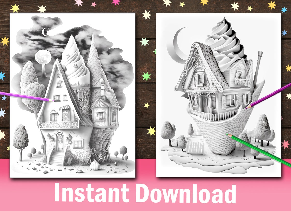 40 Adorable Icecream Houses Coloring Pages, Cute Tiny Fantasy Candy