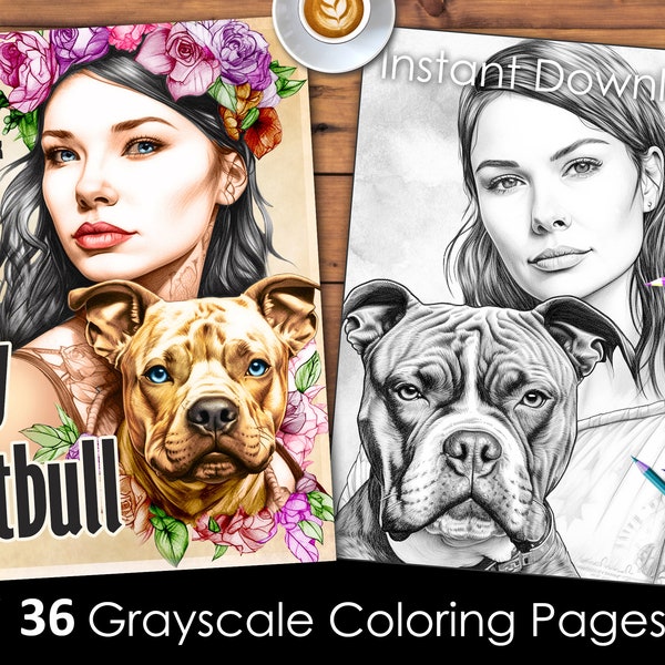 36 Pitbulls, Gorgeous Pit Bull Moms & Dads, Grayscale Coloring Pages For Dog Lovers, AI Art, Adults Printable PDF Sheets, Instant Download