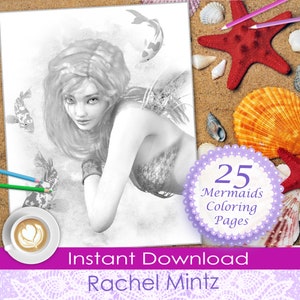 May include: A black and white illustration of a mermaid with long flowing hair. The image is part of a set of 25 mermaid colouring pages. The text "25 Mermaids Colouring Pages" is on a purple circle with white polka dots. The text "Instant Download Rachel Mintz" is on a pink banner.
