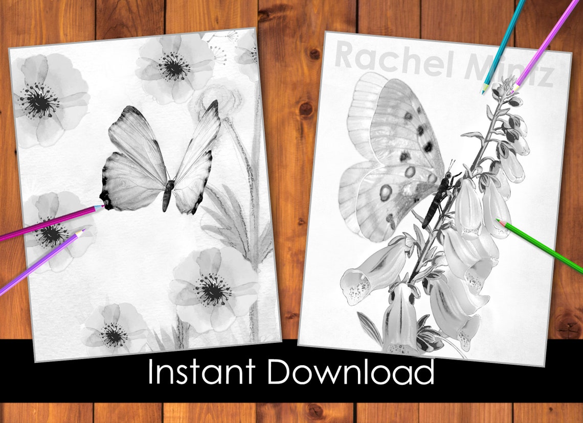 40 Butterflies & Flowers Coloring Pages Rachel Mintz - Etsy