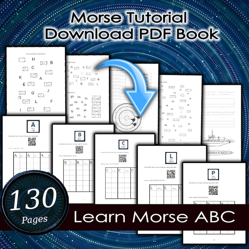 Puede incluir: Un libro PDF digital titulado "Morse Tutorial" con 130 p&aacute;ginas. La portada presenta p&aacute;ginas con ejemplos de c&oacute;digo Morse, diagramas y el texto "Learn Morse ABC". Una flecha azul apunta a las p&aacute;ginas.