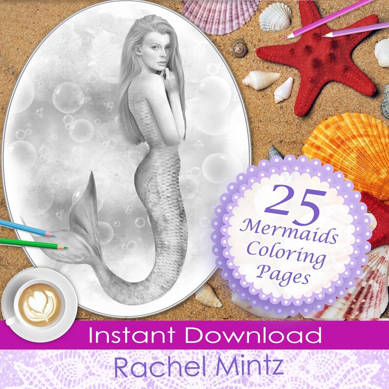 May include: A black and white illustration of a mermaid with long flowing hair and a tail. The mermaid is surrounded by bubbles. The image is part of a set of 25 mermaid colouring pages. The text "25 Mermaids Colouring Pages" is written in a purple circle with white polka dots.