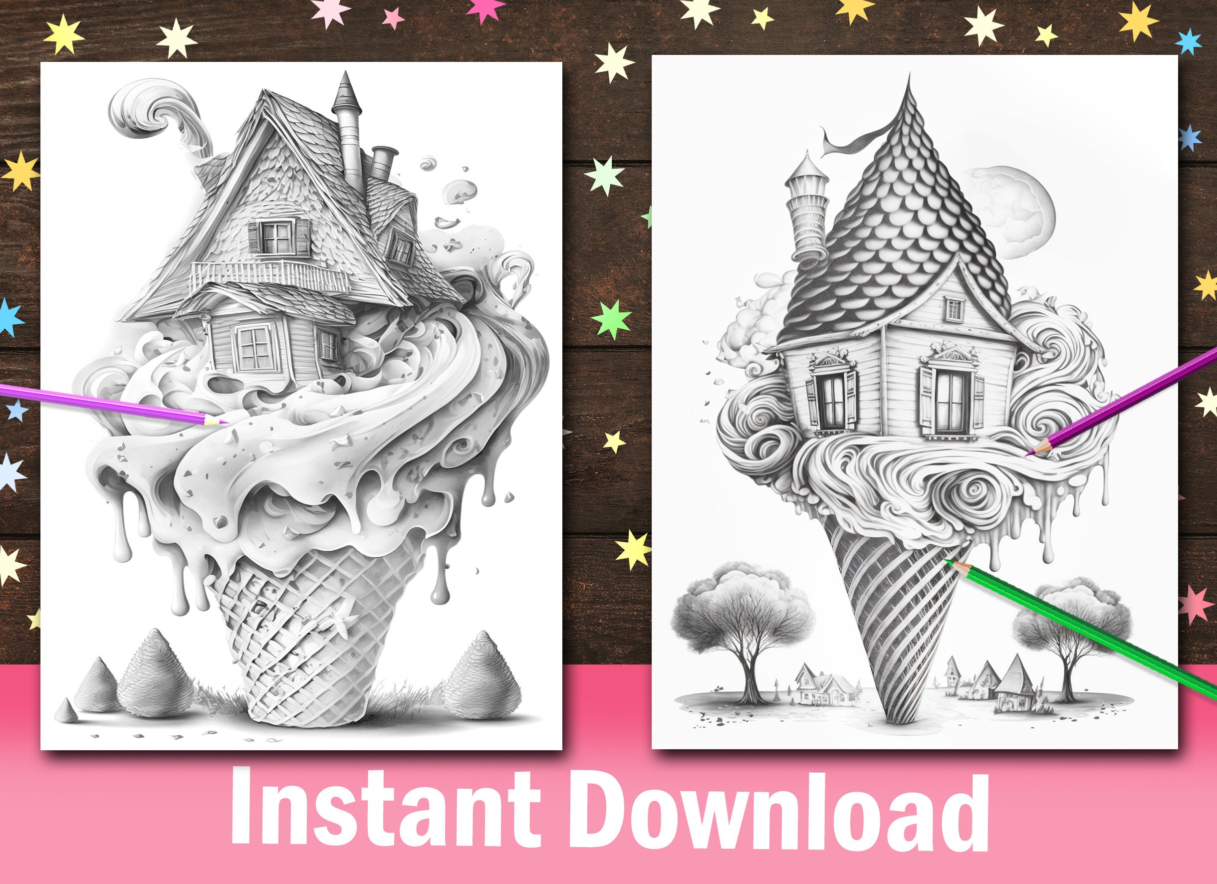 40 Adorable Ice-cream Houses Coloring Pages, Cute Tiny Fantasy Candy Houses, Waffle Roof ...