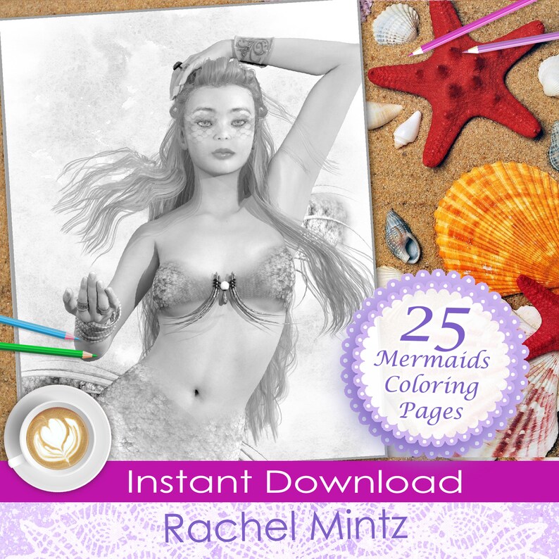May include: A black and white illustration of a mermaid with long flowing hair. The image is part of a colouring book with 25 mermaid colouring pages. The text "Instant Download Rachel Mintz" is at the bottom of the image.