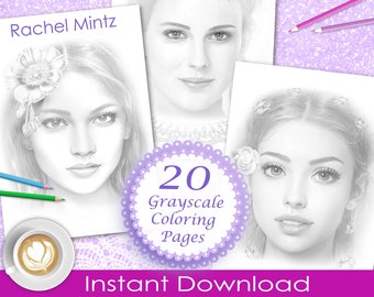 Rachel Mintz: 20 Grayscale Portrait Coloring Pages (Printable PDF)