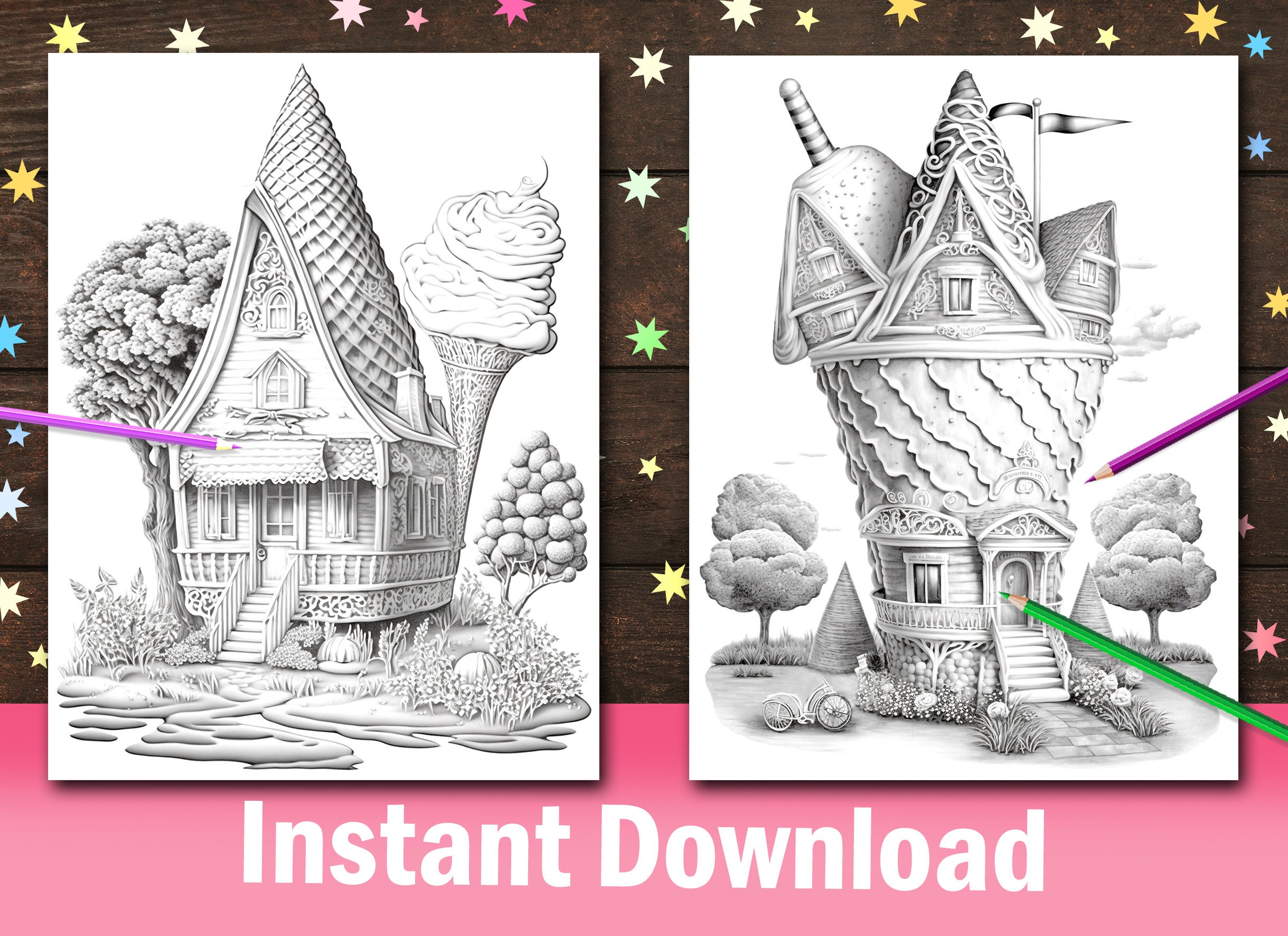 40 Adorable Ice-cream Houses Coloring Pages, Cute Tiny Fantasy Candy Houses, Waffle Roof ...