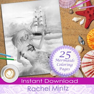 May include: A black and white colouring page featuring a mermaid with long hair, a ship in the background, and waves. The image is surrounded by a purple border with the text "25 Mermaids Colouring Pages" and "Instant Download Rachel Mintz".