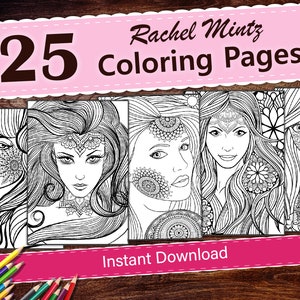 Rachel Mintz, 25 Mandala Women Art Coloring Book, Beautiful Portraits, Instant Download, Printable PDF Coloring Pages, DIGITAL Art