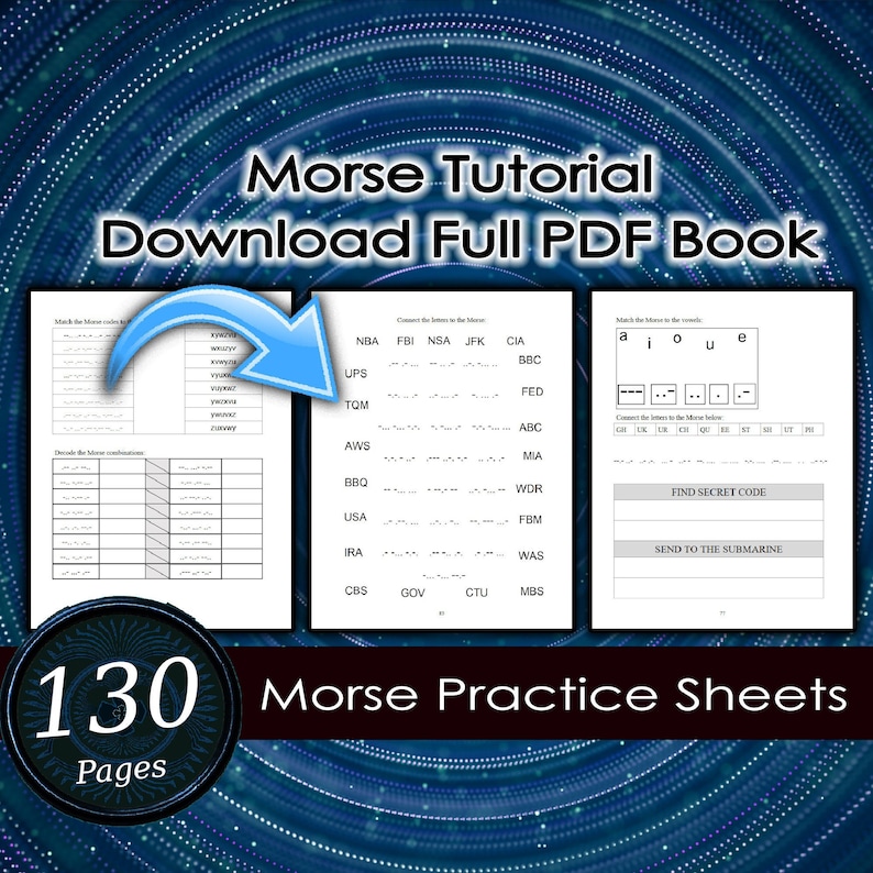Puede incluir: Un libro PDF digital con tutoriales de c&oacute;digo Morse y hojas de pr&aacute;ctica. La portada presenta el t&iacute;tulo "Morse Tutorial Download Full PDF Book" y "130 Pages". En el interior hay hojas de pr&aacute;ctica con conversiones de letras y palabras.