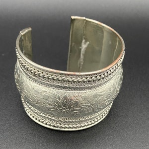 Silver-plated vintage etched cuff bracelet