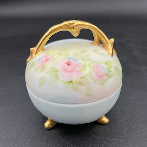 Vintage Porcelain Footed Trinket Box/Ring Box Gold Detailed Branch Handle, Floral, Botanical, Delicate