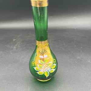 Floral Enameled Green Glass Vase, Hand-Painted, Botanical Floral Design