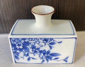 Botanical Japanese Arita Imari Blue and White Sake Bottle, Rectangular, Vintage