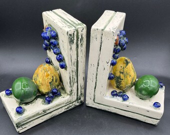 Vintage, Bookends, Pair, Mexico, Hand-painted,  Pear, Grapes, Fruit, Lime, 1970&#39;s, Library