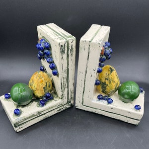 Vintage, Bookends, Pair, Mexico, Hand-painted,  Pear, Grapes, Fruit, Lime, 1970&#39;s, Library