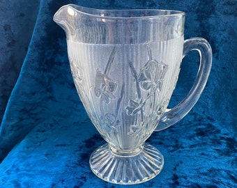 Iris & Herringbone Pattern Jeanette Glass Water Pitcher, Art Deco, Depression Glass, Botanical