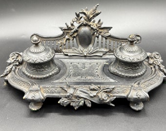 Vintage Catilian Double Brass Ornate Victorian Inkwell, Desk Tool