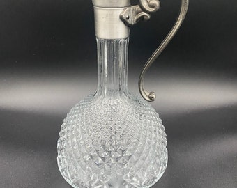 Diamond Pattern Pressed Glass Pitcher/Decanter with Ornate Pewter Top, Claret Jug