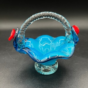 Vintage Art Glass Blue Basket with Red Flower, Blue Leaf and Twisted Handle, Easter, Trinket Bowl