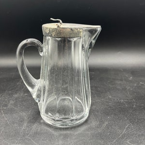 Antique Glass Syrup Pitcher, Clear Crystal Glass with Silver Flip Top, Vintage Style, Heavy
