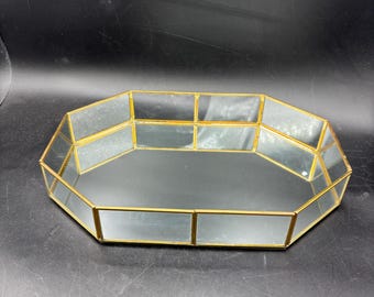 Vintage Brass, Glass and Mirrored Tray, EUC, Jewelry Storage and Vanity, Hollywood Regency