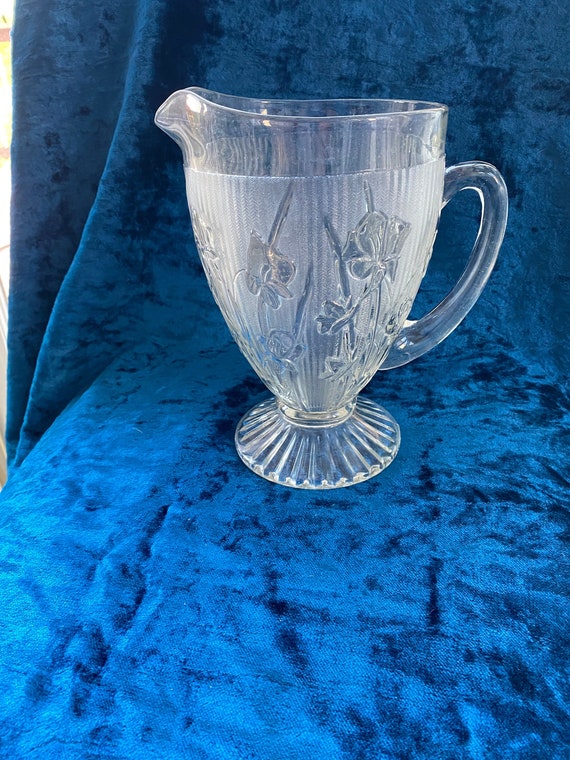 Iris & Herringbone Pattern Jeanette Glass Water Pitcher, Art Deco
