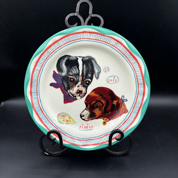 Anthropologie Dog Dinner Plates, Set of 4, Nathalie Lete, Puppy, French, Dachshund, Chihuahua, Ton Ami, Je Suis, Fidele