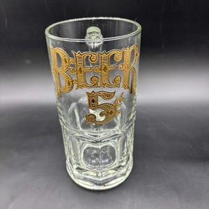 Vintage Large Tankard Beer Mug, 1 Liter, &quot;Beer&quot; Gold Lettering, Oktoberfest Style  Glass Beer Stein
