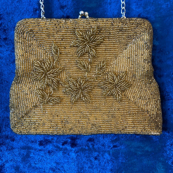 Walborg Beaded Gold Evening Bag, Handbag, Purse, long chain, Floral Relief Design