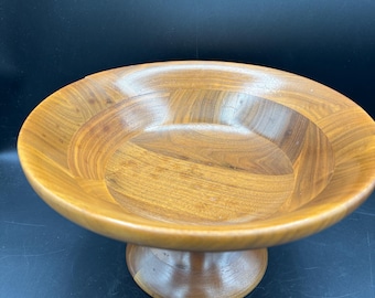 Vintage Turned Wood Pedestal Bowl, Mid Century, Walnut Bowl