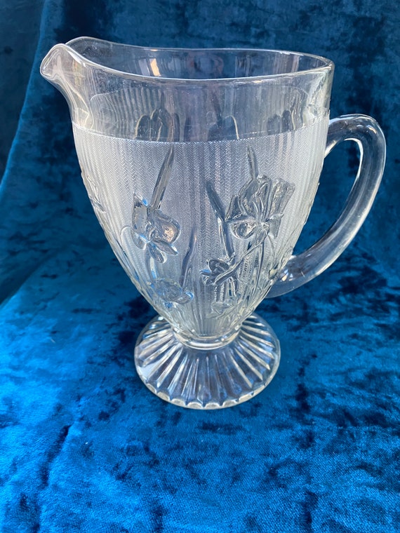 Iris & Herringbone Pattern Jeanette Glass Water Pitcher, Art Deco