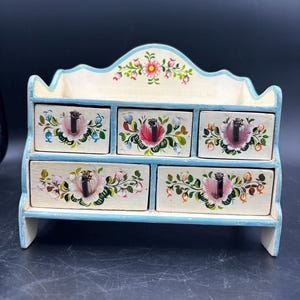 Vintage Painted Floral Jewelry Box, 5 Drawers, Wood, Antique, European, Trinket Box