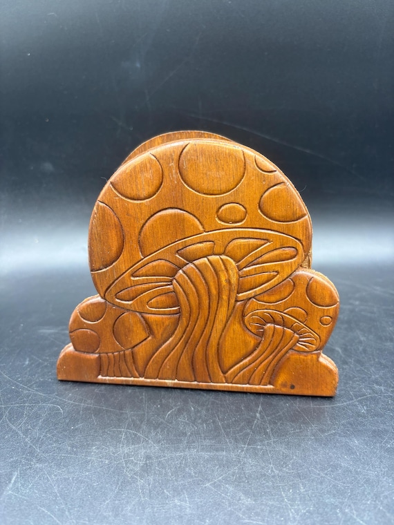 Vintage 1970s Carved Wood Mushroom Napkin Holder, Mid-Century Modern Toadstool Boho Kitchen Decor, Retro Mail Letter Caddy
